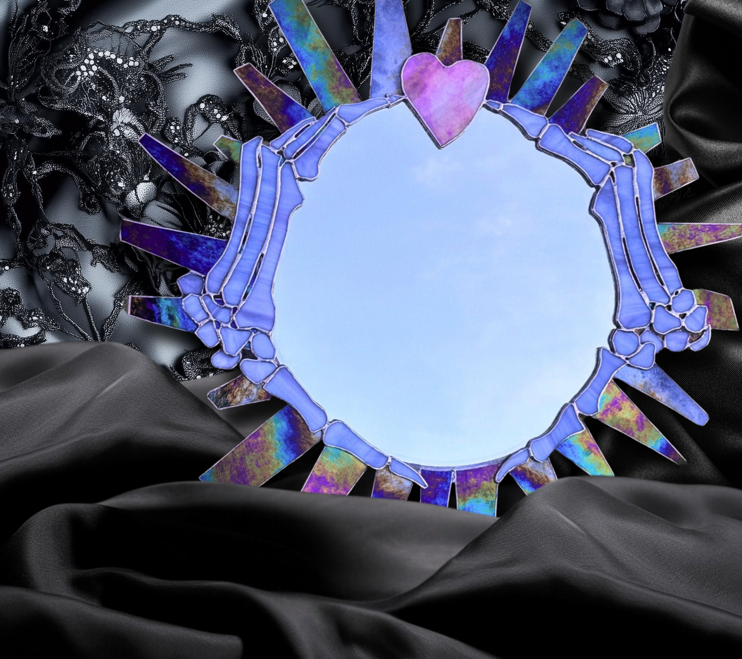 Handcrafted Stained Glass Mirror Inspired by the Florida Sunshine, Featuring Skeleton Hands – A Unique and Captivating Gothic Wall Art Piece