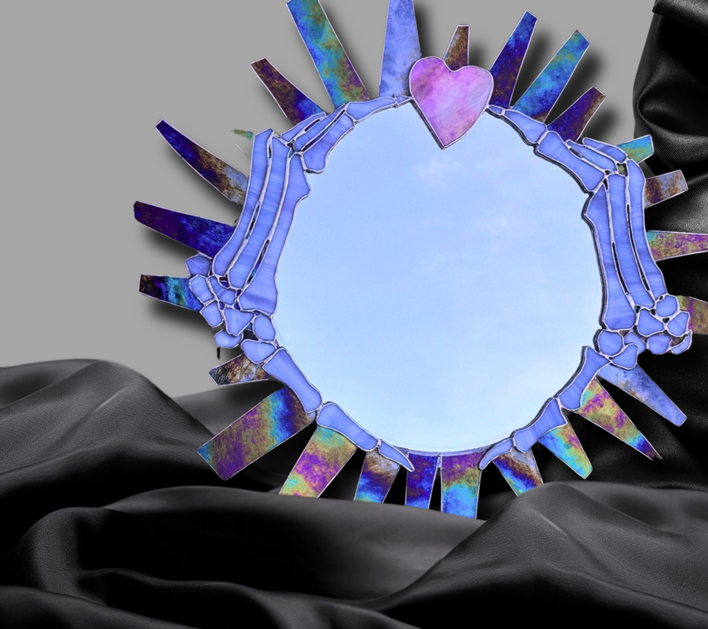 Handcrafted Stained Glass Mirror Inspired by the Florida Sunshine, Featuring Skeleton Hands – A Unique and Captivating Gothic Wall Art Piece