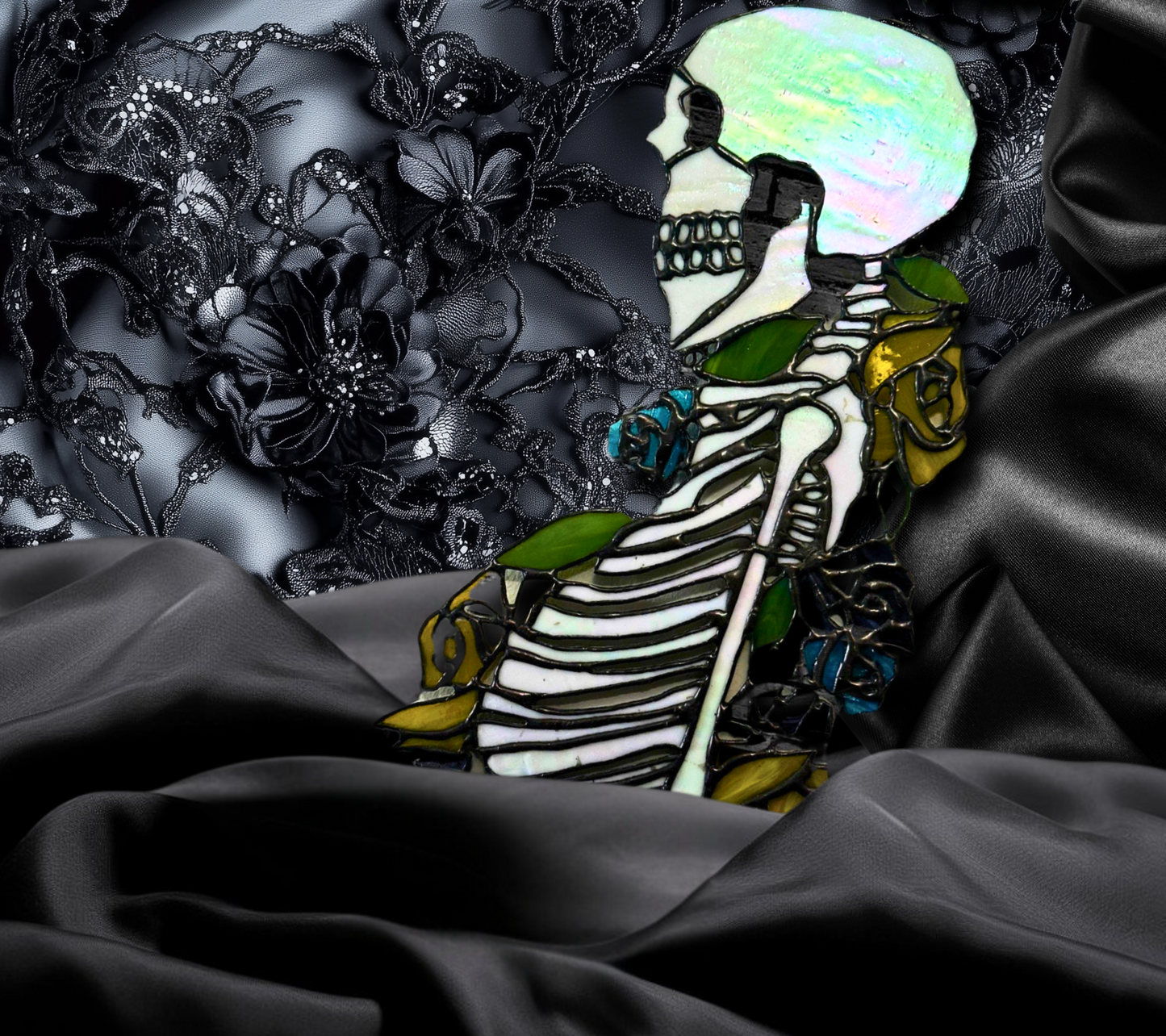 Stained Glass Skeleton Death By Flowers, Gothic Wall Hangings, Window Sun Catcher for the Perfect One-of-a-Kind Piece of Art
