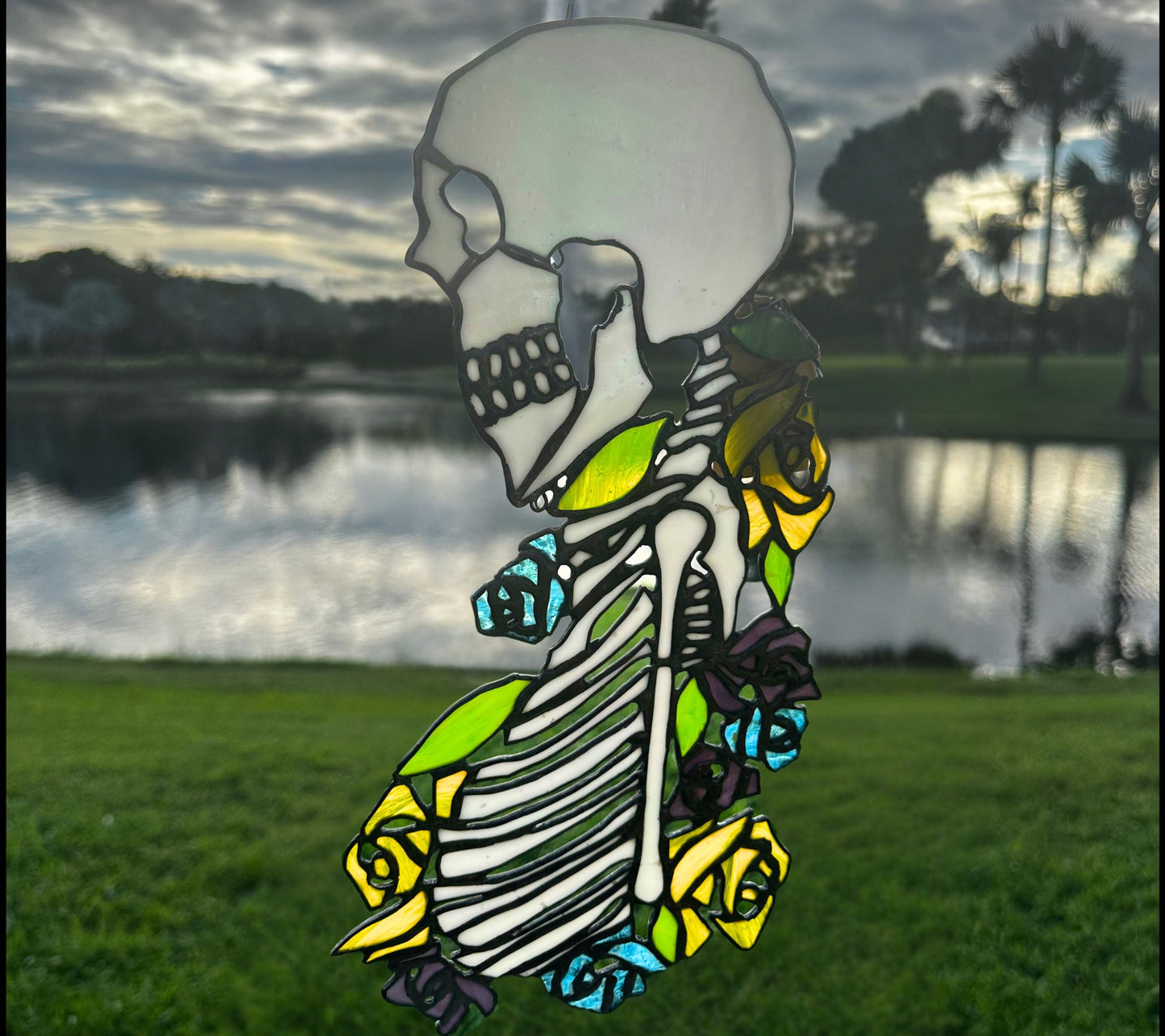 Stained Glass Skeleton Death By Flowers, Gothic Wall Hangings, Window Sun Catcher for the Perfect One-of-a-Kind Piece of Art
