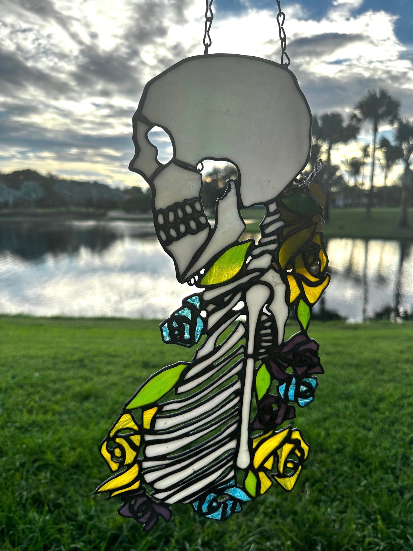Stained Glass Skeleton Death By Flowers, Gothic Wall Hangings, Window Sun Catcher for the Perfect One-of-a-Kind Piece of Art