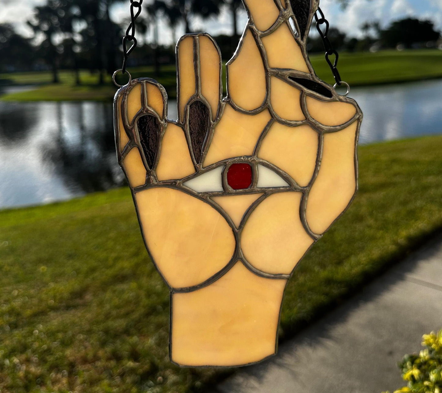 Seeing Eye Palm Reader Stained Glass– Gothic Wall Hanging Statement Piece or Captivating One-of-a-Kind Window Sun Catcher