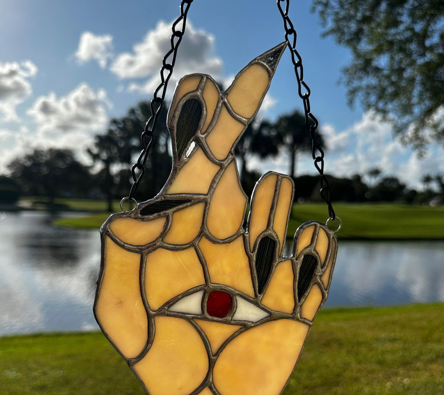 Seeing Eye Palm Reader Stained Glass– Gothic Wall Hanging Statement Piece or Captivating One-of-a-Kind Window Sun Catcher