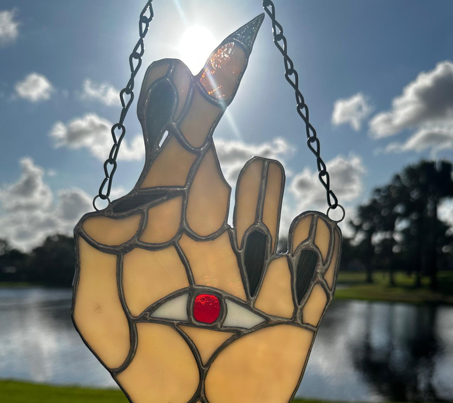 Seeing Eye Palm Reader Stained Glass– Gothic Wall Hanging Statement Piece or Captivating One-of-a-Kind Window Sun Catcher