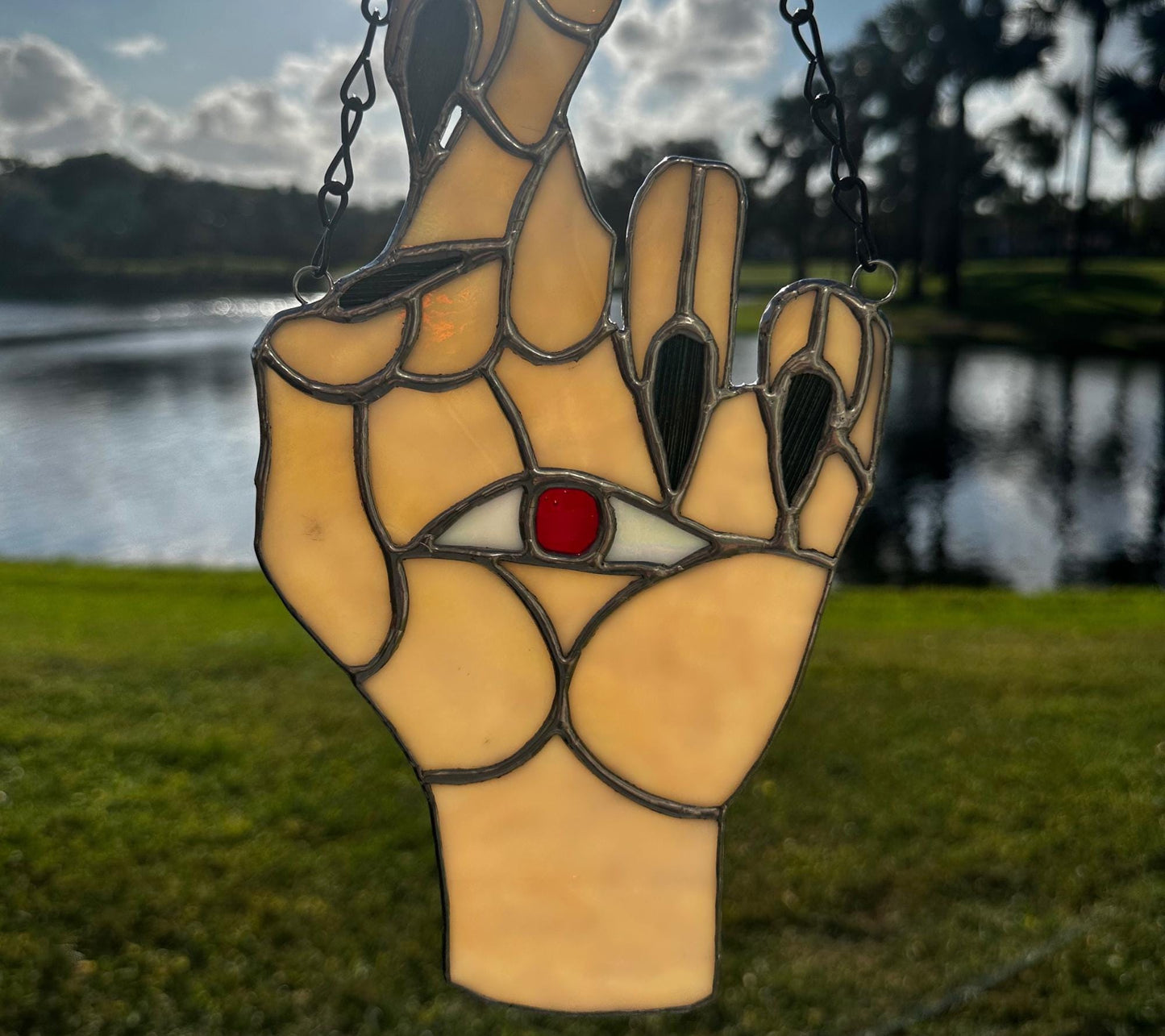 Seeing Eye Palm Reader Stained Glass– Gothic Wall Hanging Statement Piece or Captivating One-of-a-Kind Window Sun Catcher