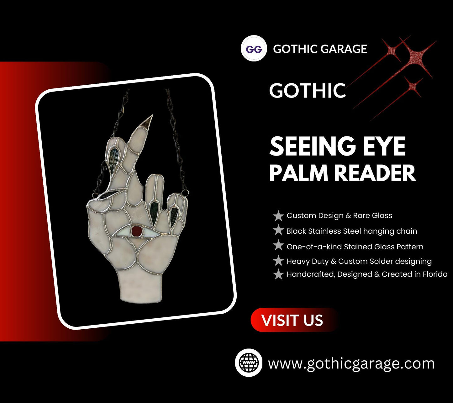 Seeing Eye Palm Reader Stained Glass– Gothic Wall Hanging Statement Piece or Captivating One-of-a-Kind Window Sun Catcher