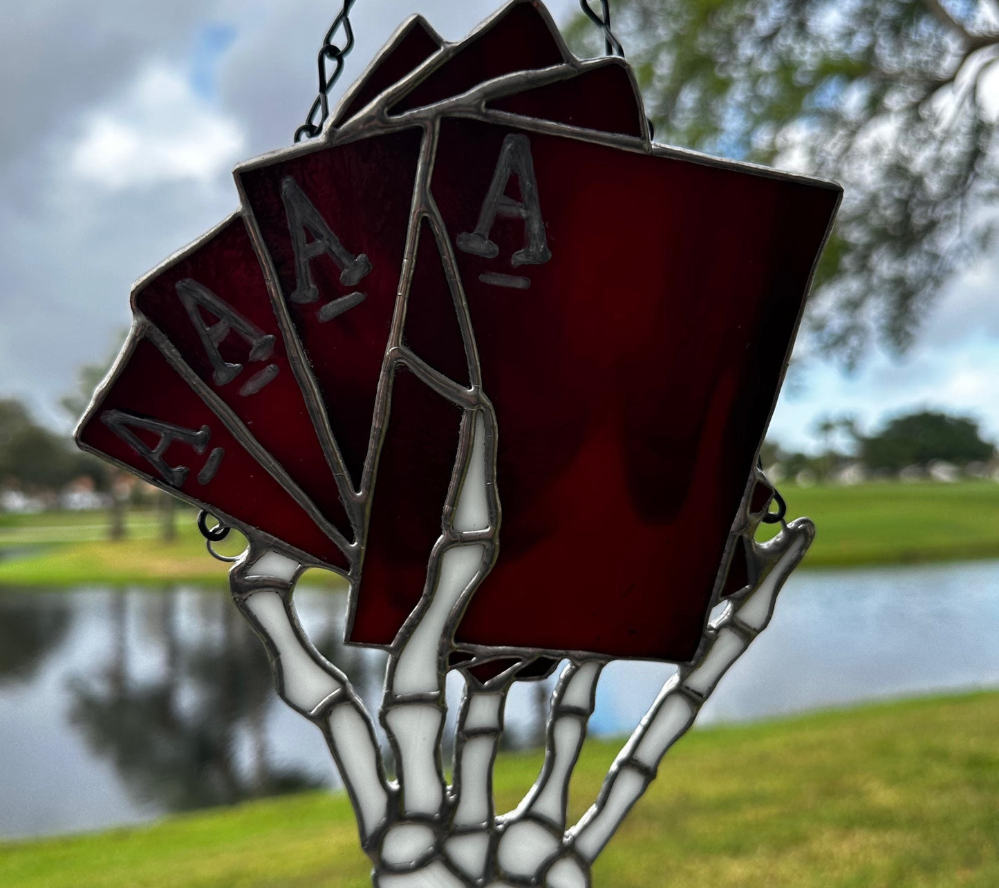 4 of a Kind Death Aces Stained Glass– Gothic Wall Hanging Statement Piece or Captivating One-of-a-Kind Window Sun Catcher