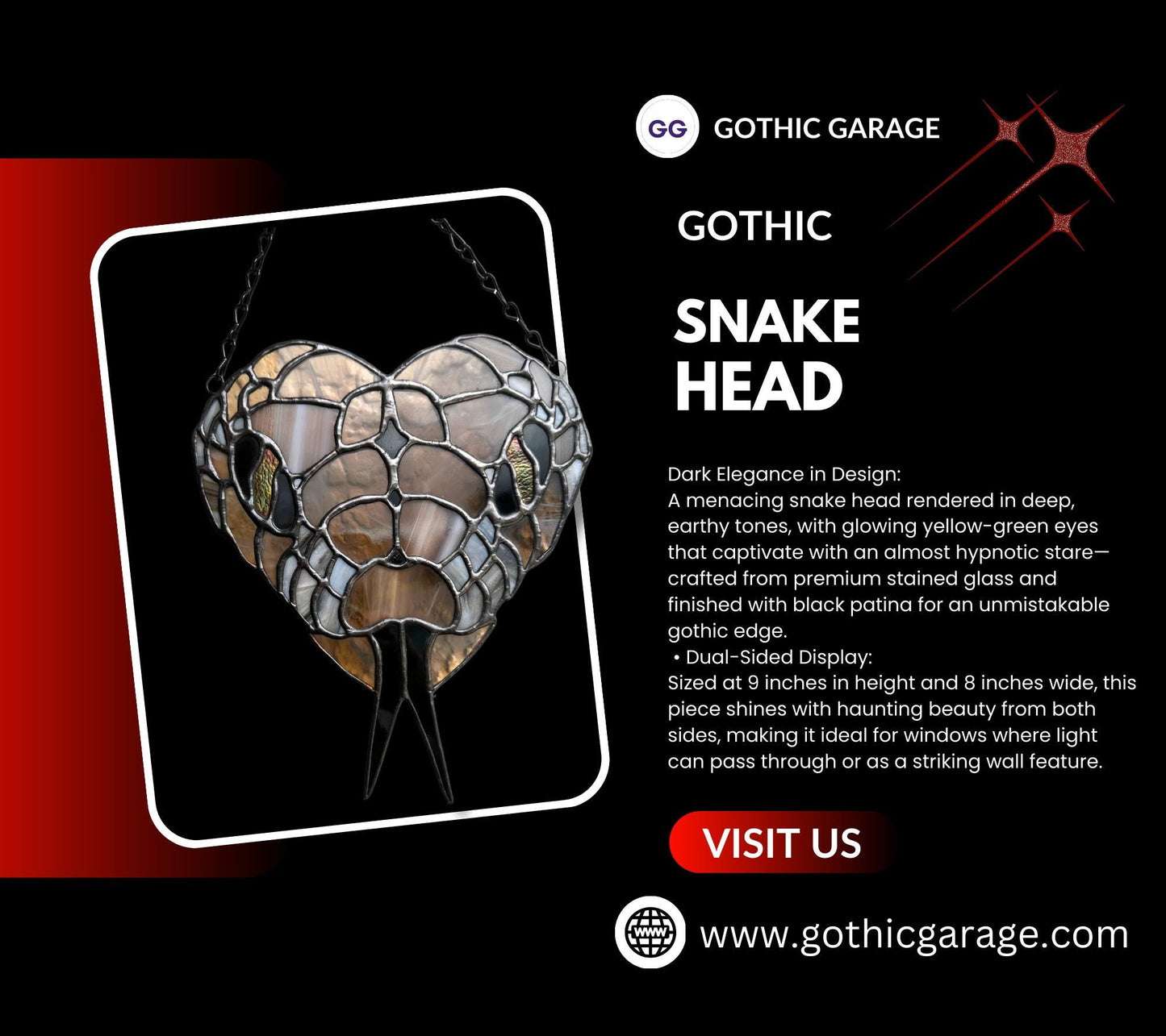 The Head of the Snake Stained Glass– Gothic Wall Hanging Statement Piece or Captivating One-of-a-Kind Window Sun Catcher