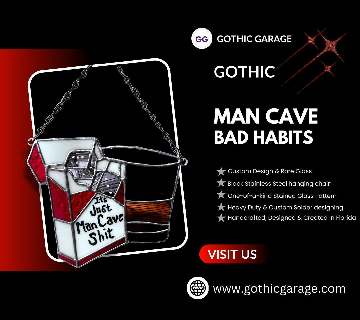 Man Cave Bad Habits Stained Glass– Gothic Wall Hanging Statement Piece or Captivating One-of-a-Kind Window Sun Catcher