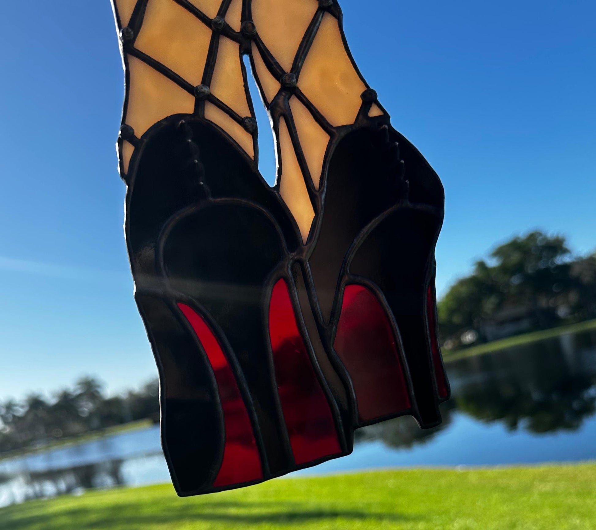 Red Bottom Heels Stained Glass Panel – Gothic Fishnet Legs Art, Punk Glam Suncatcher, Alt Burlesque Window Decor