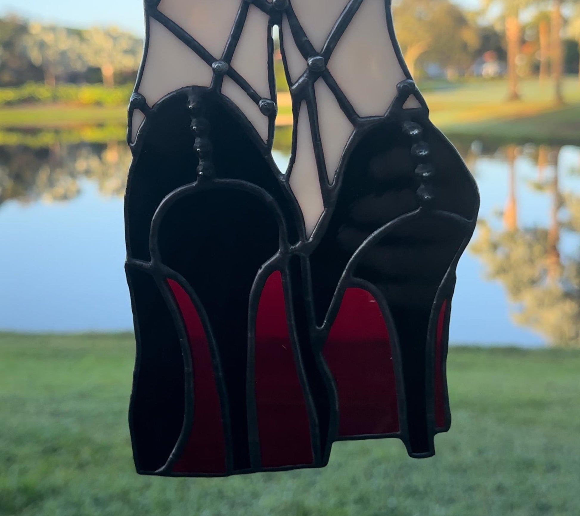 Red Bottom Heels Stained Glass Panel – Gothic Fishnet Legs Art, Punk Glam Suncatcher, Alt Burlesque Window Decor