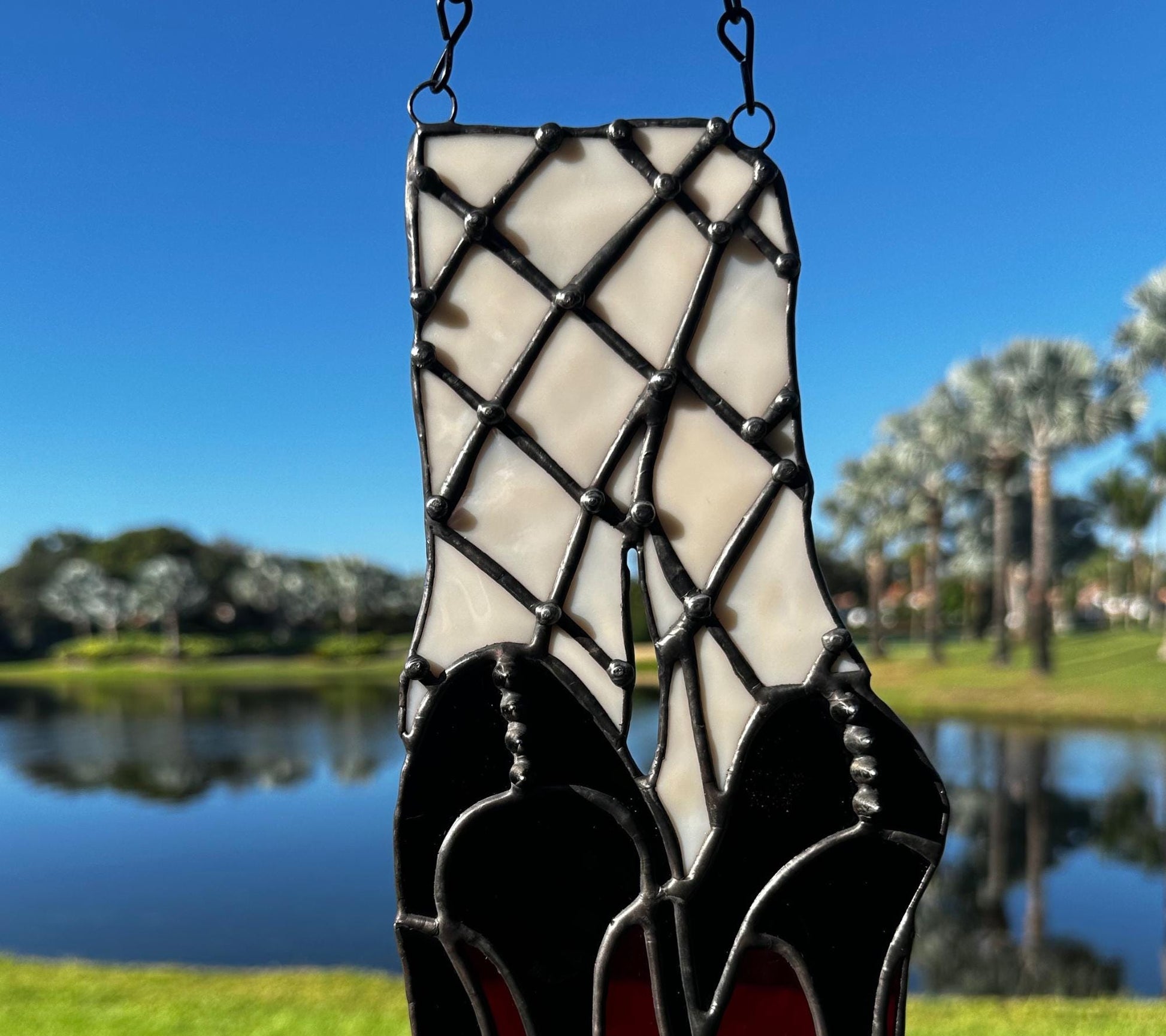 Red Bottom Heels Stained Glass Panel – Gothic Fishnet Legs Art, Punk Glam Suncatcher, Alt Burlesque Window Decor