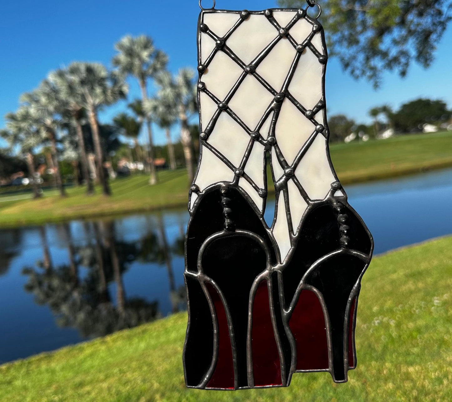 Red Bottom Heels Stained Glass Panel – Gothic Fishnet Legs Art, Punk Glam Suncatcher, Alt Burlesque Window Decor
