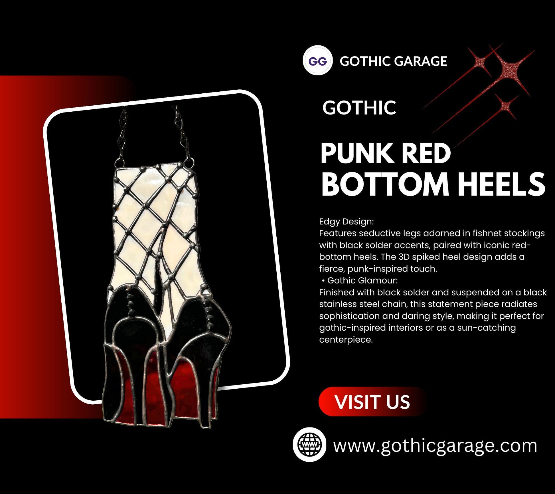 Red Bottom Heels Stained Glass Panel – Gothic Fishnet Legs Art, Punk Glam Suncatcher, Alt Burlesque Window Decor