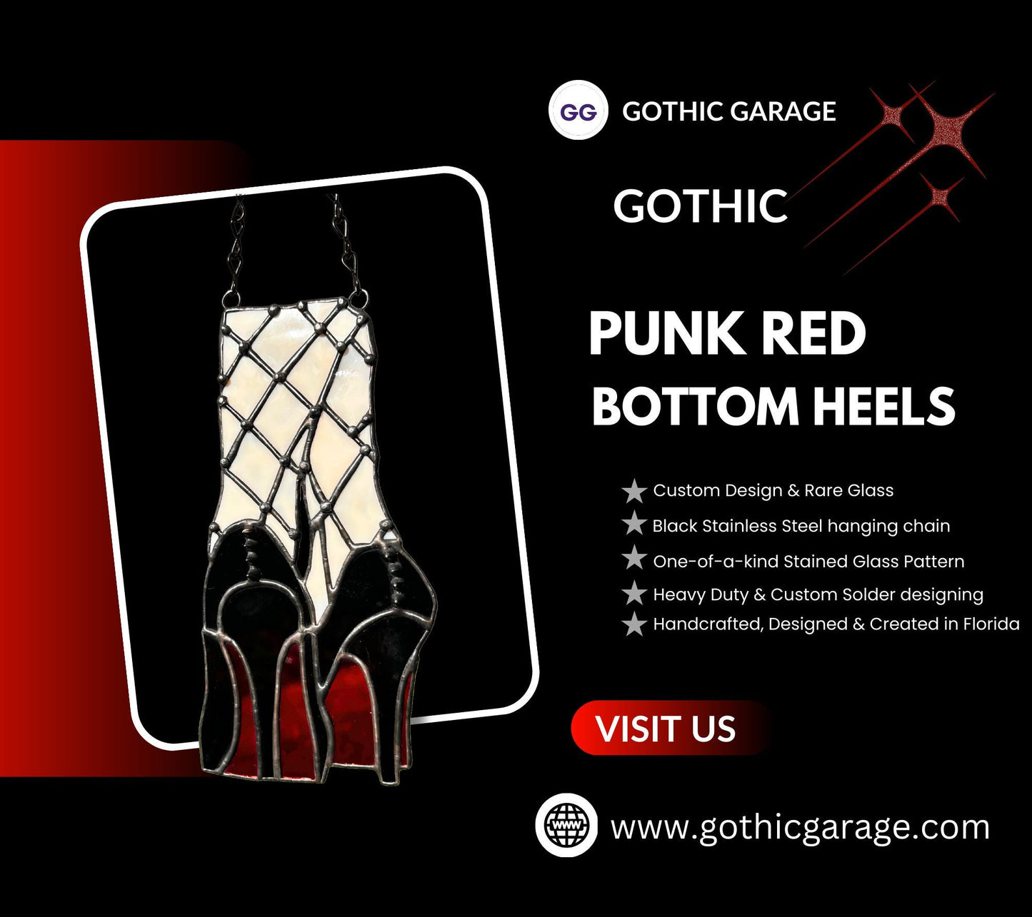 Red Bottom Heels Stained Glass Panel – Gothic Fishnet Legs Art, Punk Glam Suncatcher, Alt Burlesque Window Decor