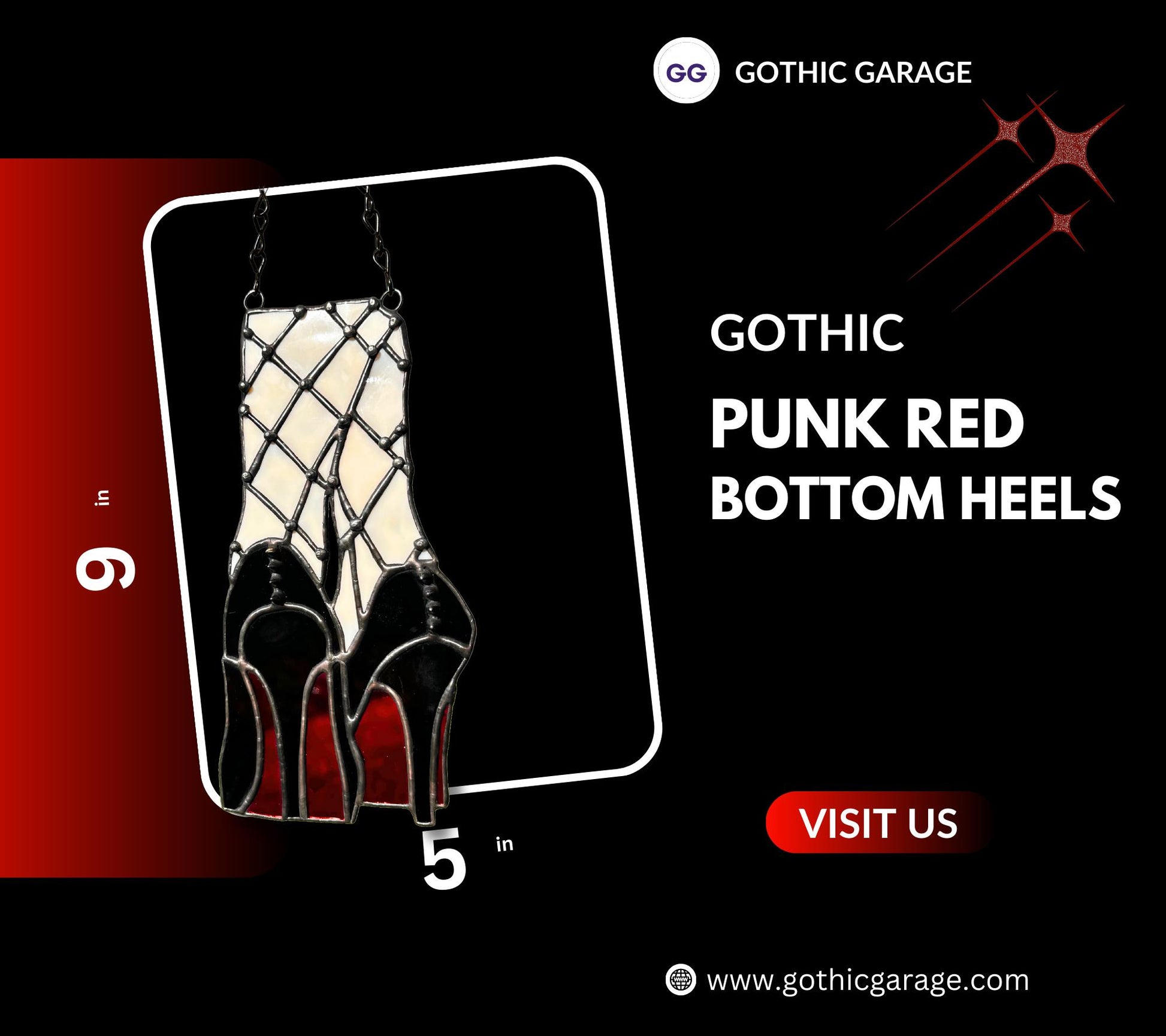 Red Bottom Heels Stained Glass Panel – Gothic Fishnet Legs Art, Punk Glam Suncatcher, Alt Burlesque Window Decor
