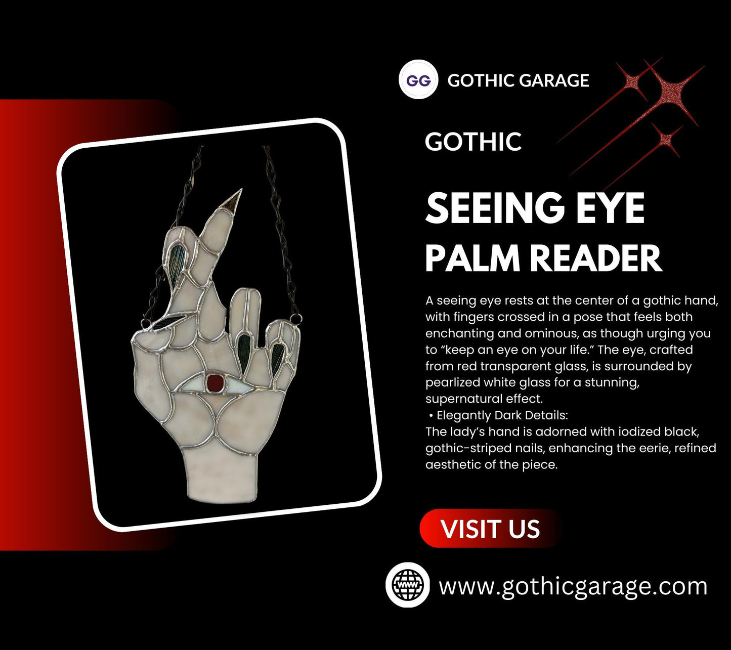 Seeing Eye Palm Reader Stained Glass– Gothic Wall Hanging Statement Piece or Captivating One-of-a-Kind Window Sun Catcher