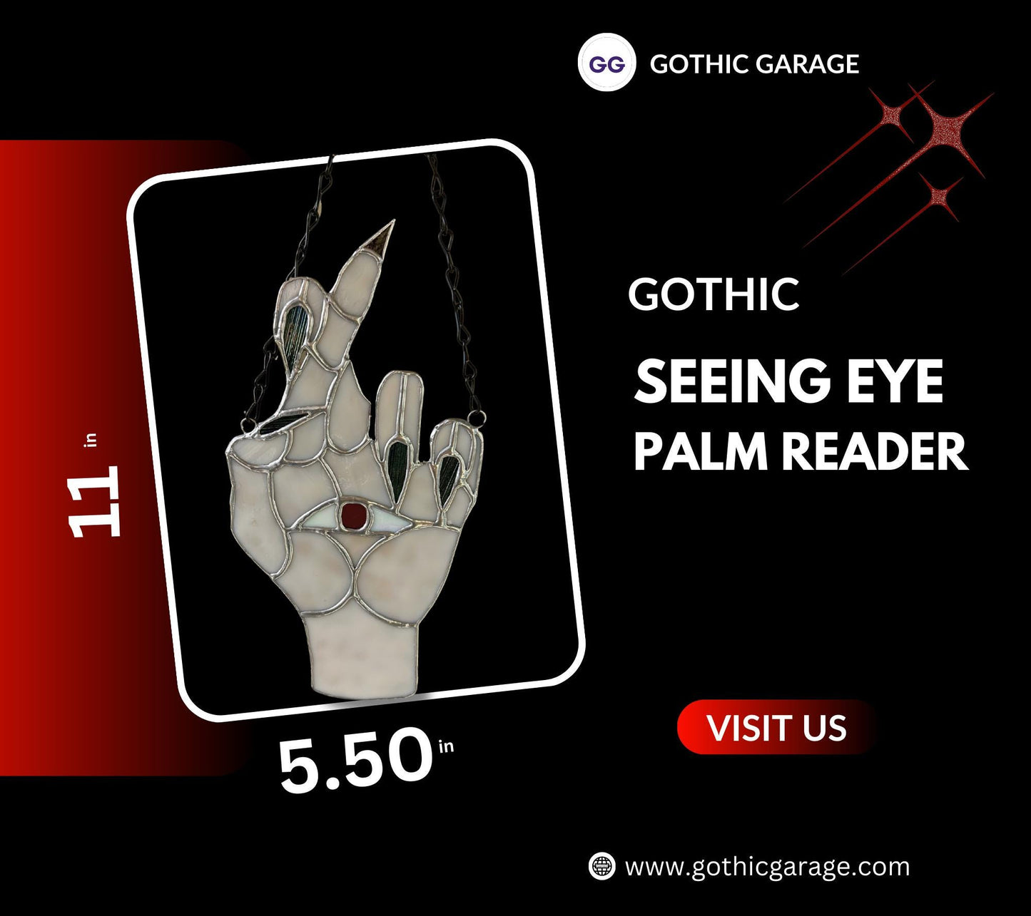 Seeing Eye Palm Reader Stained Glass– Gothic Wall Hanging Statement Piece or Captivating One-of-a-Kind Window Sun Catcher