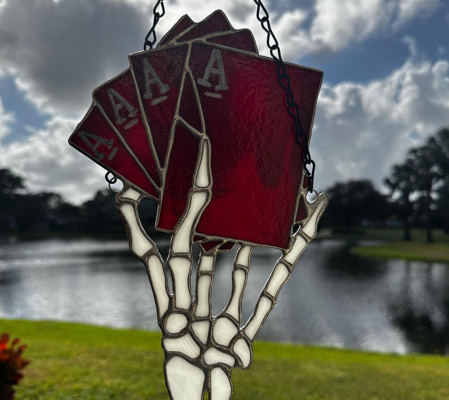 4 of a Kind Death Aces Stained Glass– Gothic Wall Hanging Statement Piece or Captivating One-of-a-Kind Window Sun Catcher