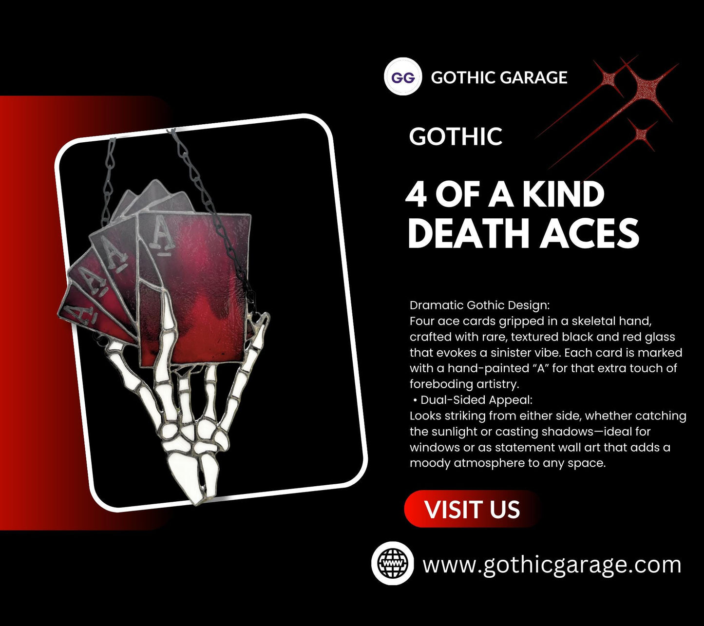 4 of a Kind Death Aces Stained Glass– Gothic Wall Hanging Statement Piece or Captivating One-of-a-Kind Window Sun Catcher
