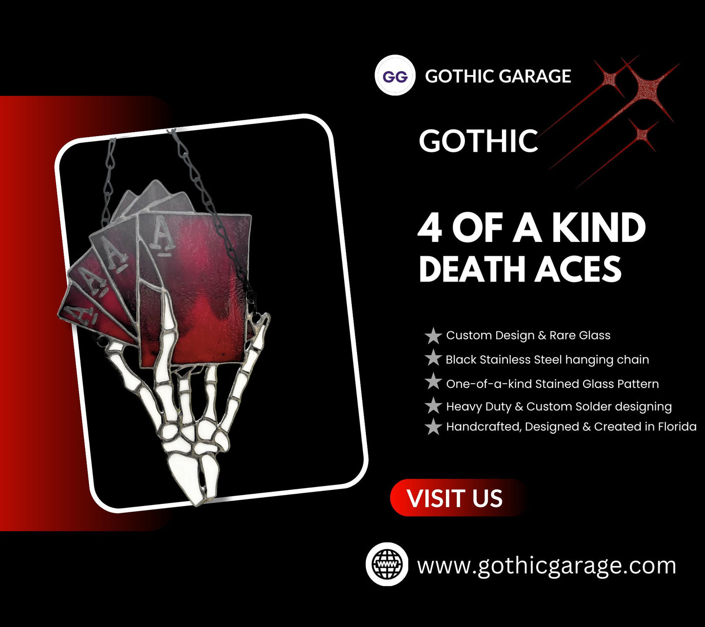 4 of a Kind Death Aces Stained Glass– Gothic Wall Hanging Statement Piece or Captivating One-of-a-Kind Window Sun Catcher