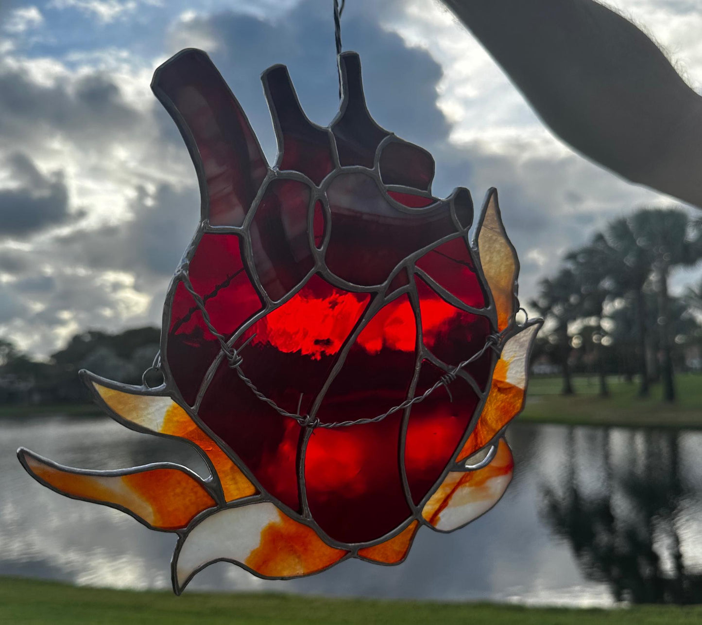 Burning Tainted Love Stained Glass– Gothic Wall Hanging Statement Piece or Captivating One-of-a-Kind Window Sun Catcher