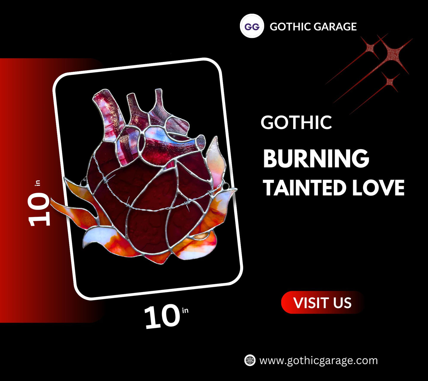 Burning Tainted Love Stained Glass– Gothic Wall Hanging Statement Piece or Captivating One-of-a-Kind Window Sun Catcher