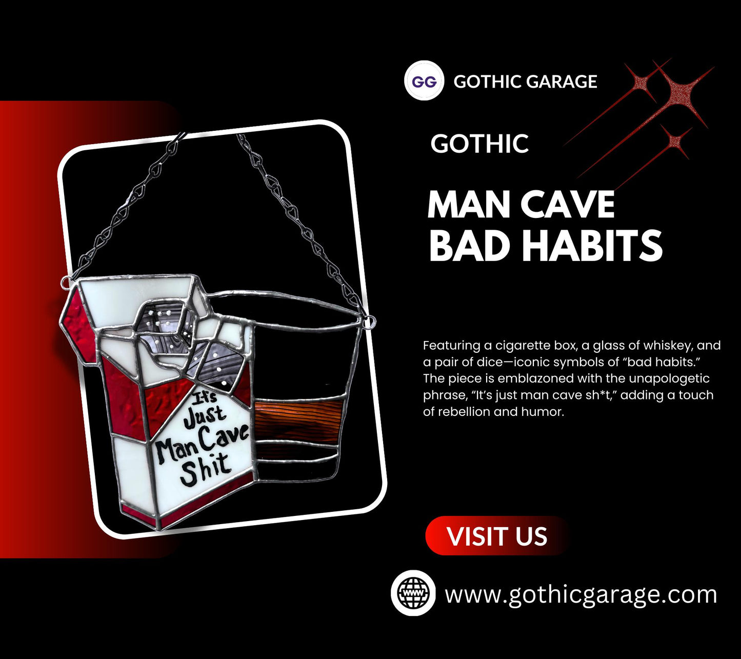 Man Cave Bad Habits Stained Glass– Gothic Wall Hanging Statement Piece or Captivating One-of-a-Kind Window Sun Catcher