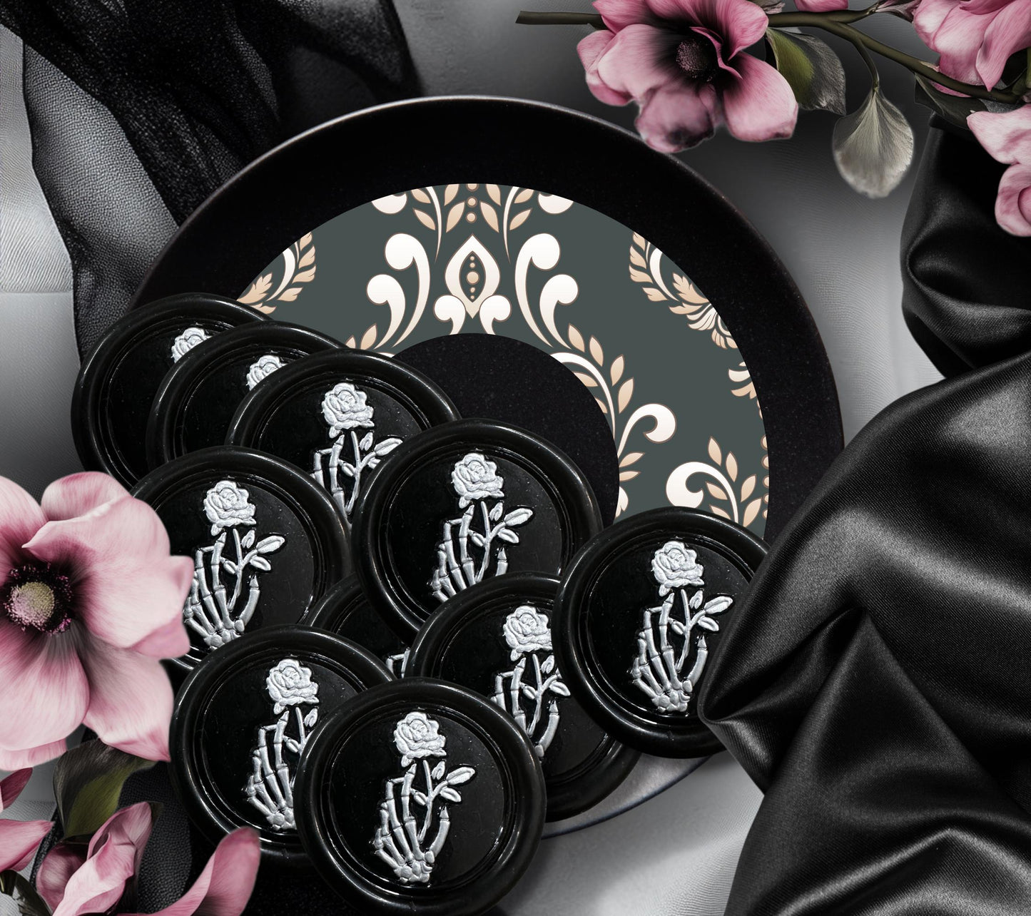Skeleton Hand & Gothic Rose Soy Wax Seal Sticker, Handpoured and Stamped, Elegant Addition for Gothic Wedding Envelopes and Invitations