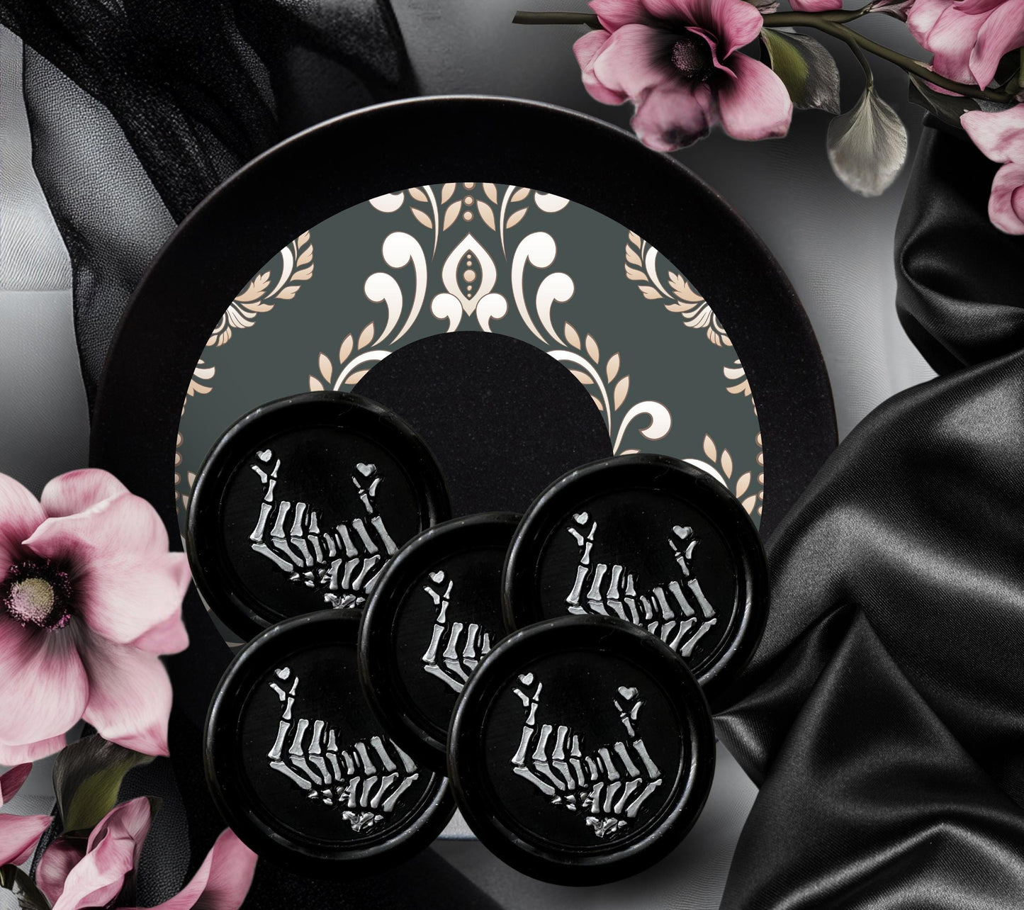 Skeleton Hands & Gothic Heart Soy Wax Seal Sticker, Handpoured and Stamped, Elegant Addition for Gothic Wedding Envelopes and Invitations