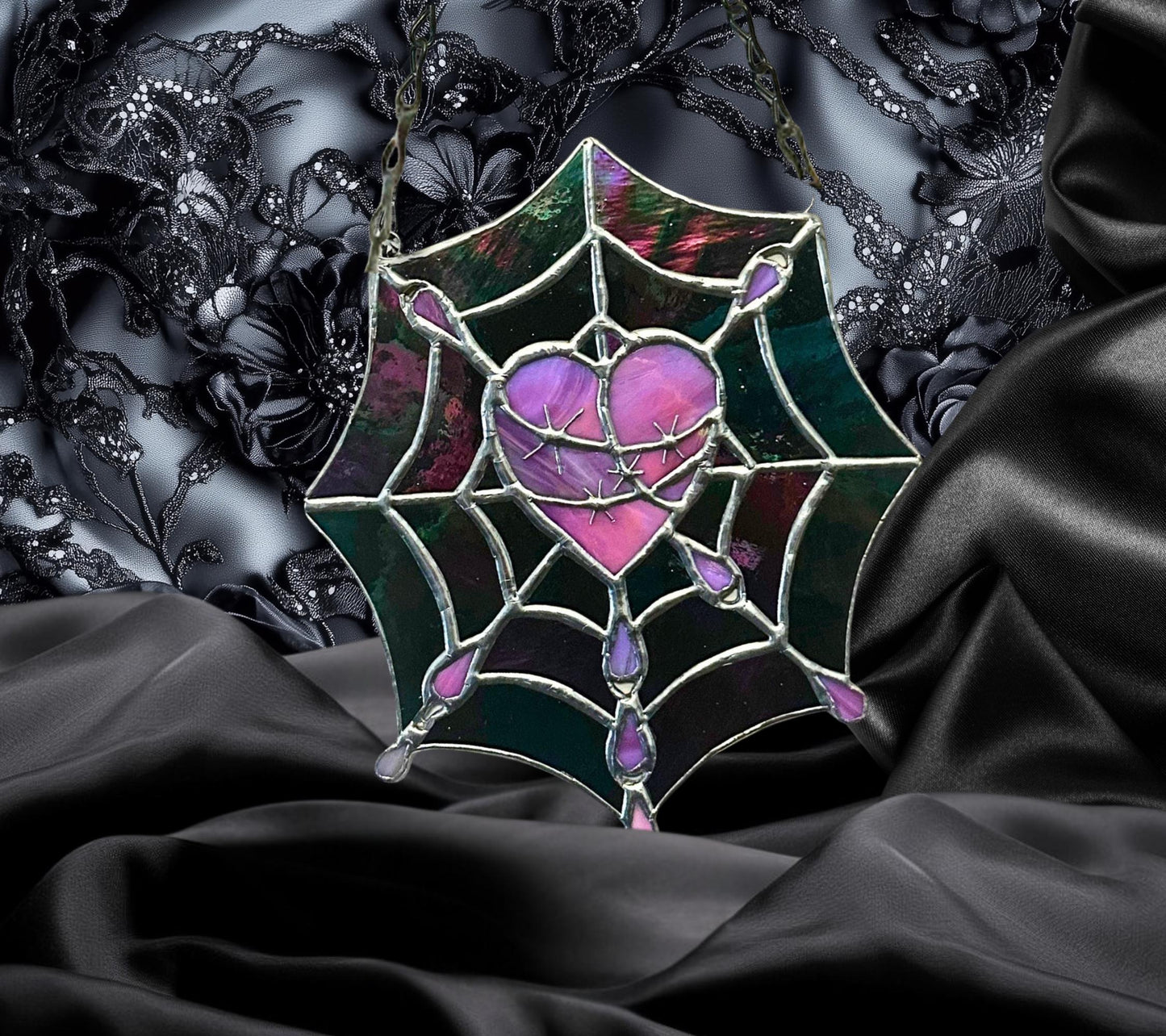 Gothic Stained Glass, Featuring a Stitched Heart and Spider Web – A Unique and Captivating Dark Decor Wall Art & Window Sun Catcher
