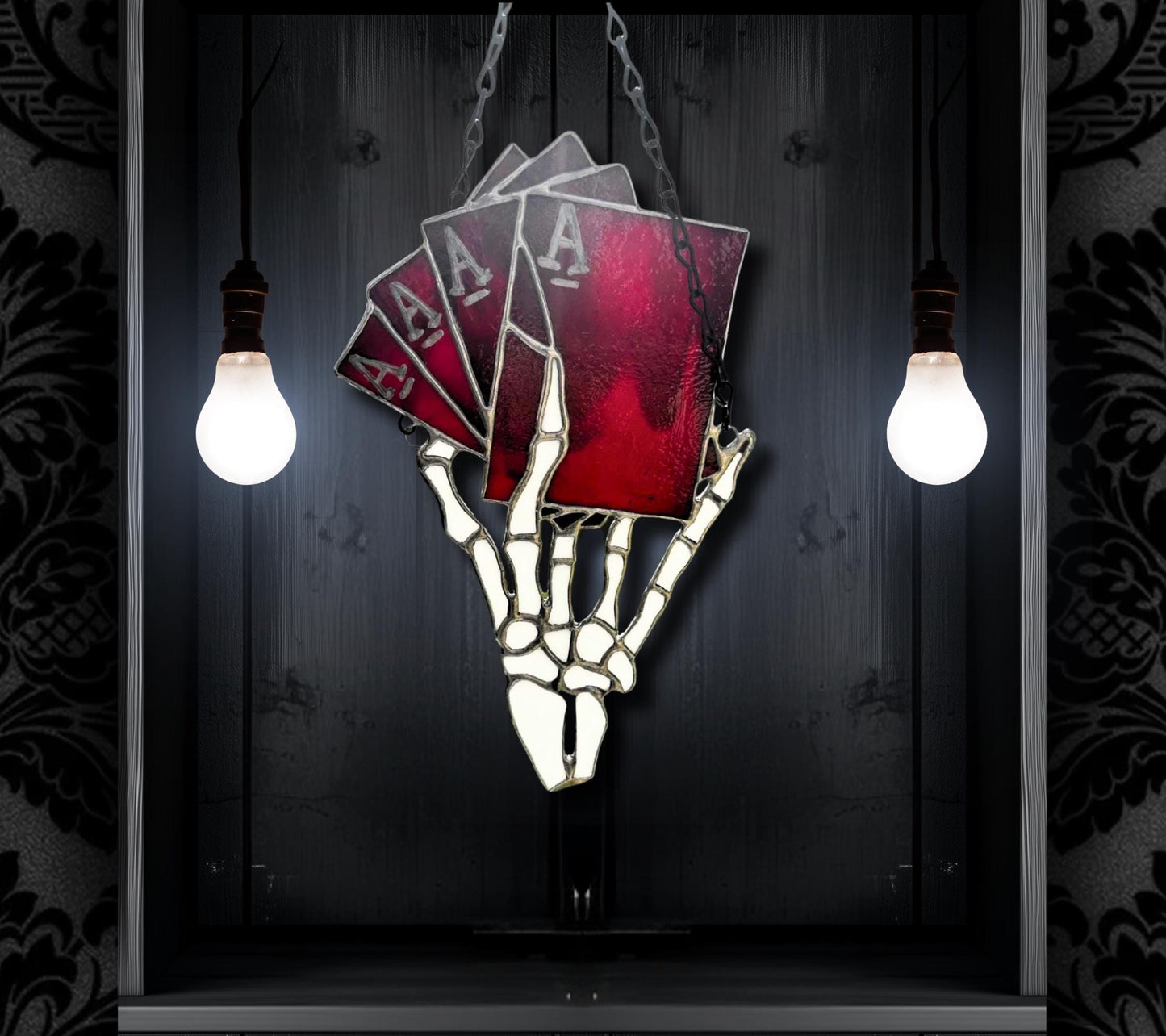 4 of a Kind Death Aces Stained Glass– Gothic Wall Hanging Statement Piece or Captivating One-of-a-Kind Window Sun Catcher