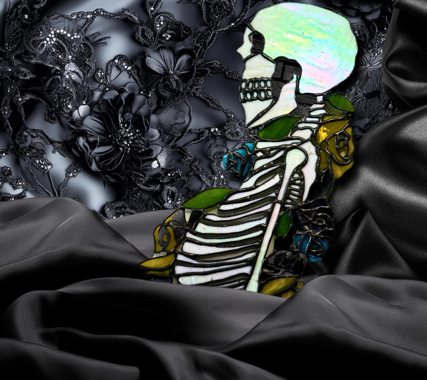 Stained Glass Skeleton Death By Flowers, Gothic Wall Hangings, Window Sun Catcher for the Perfect One-of-a-Kind Piece of Art