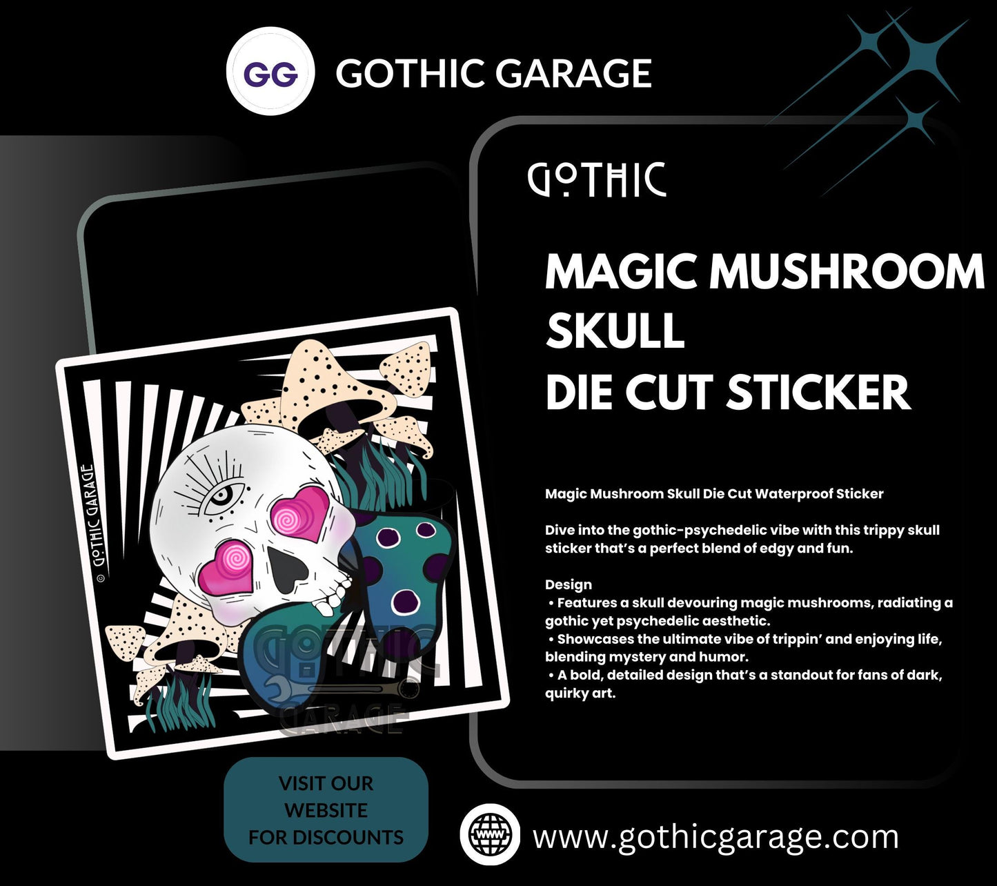 Magic Mushroom Skull, Waterproof Die Cut Sticker, Choose Between Glossy or Holographic, Perfect to Add Fun to any Surface