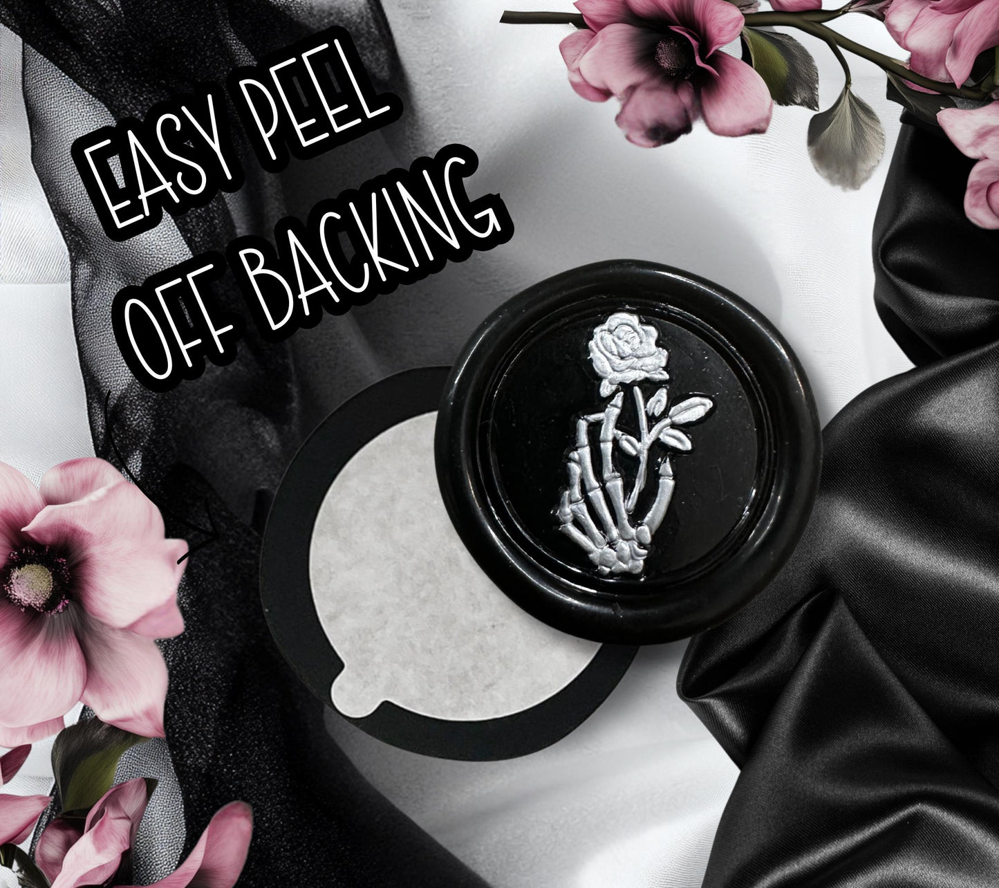 Skeleton Hand & Gothic Rose Soy Wax Seal Sticker, Handpoured and Stamped, Elegant Addition for Gothic Wedding Envelopes and Invitations