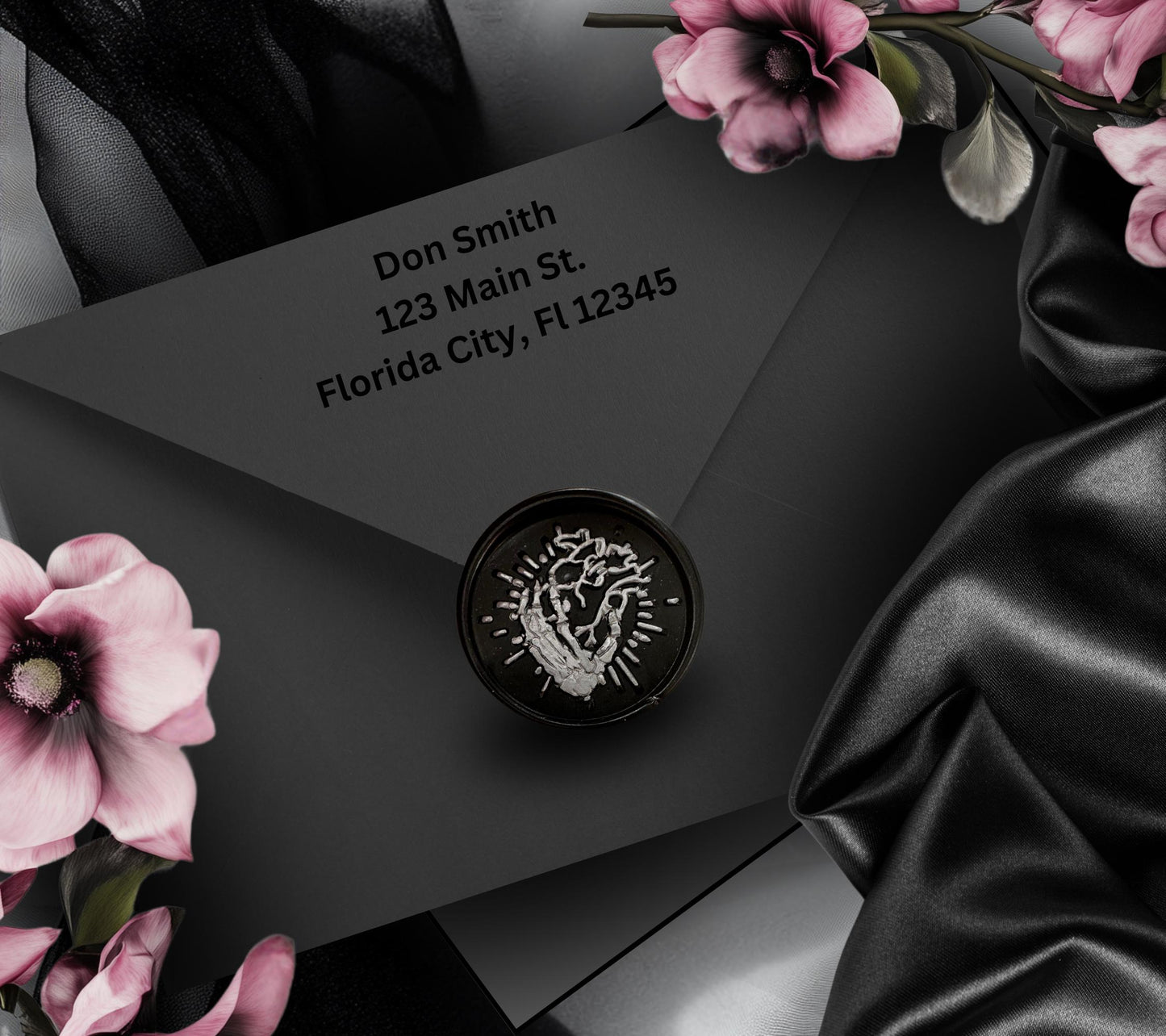 Gothic Skeleton Heart Soy Wax Seal Sticker, Handpoured & Stamped, Elegant Addition for Gothic Wedding Envelopes and Invitations