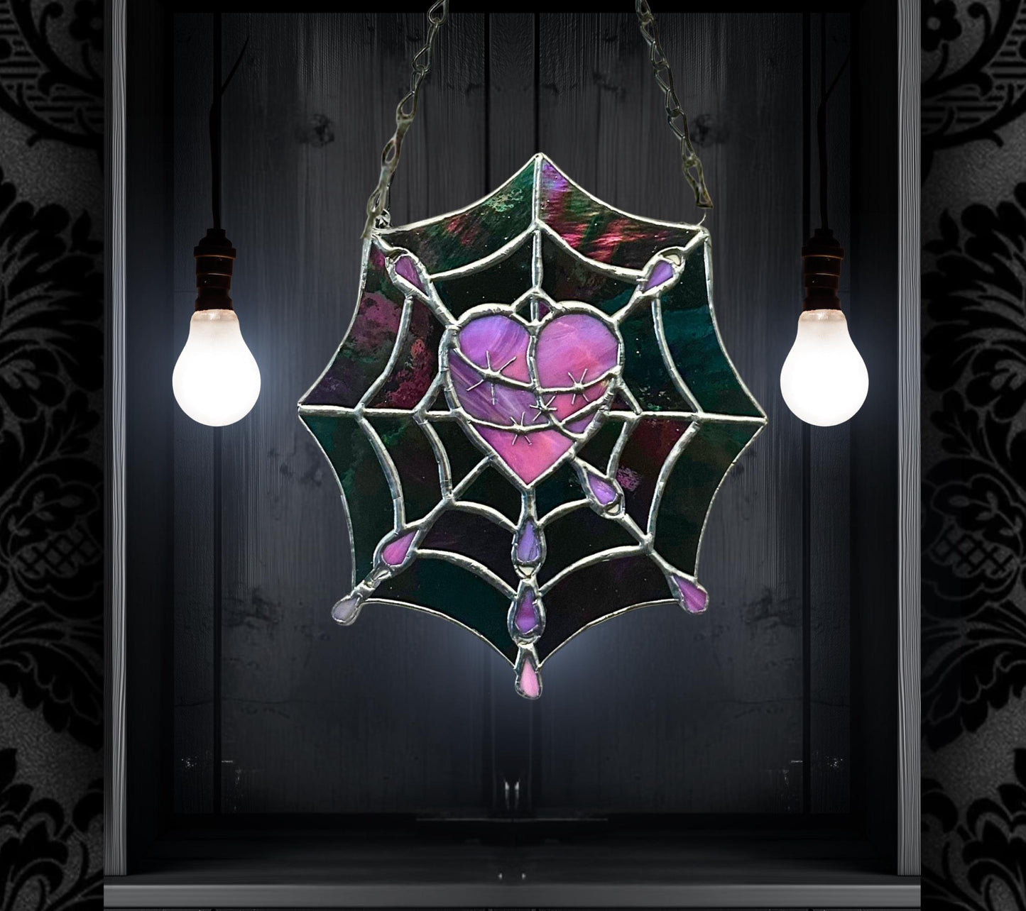 Gothic Stained Glass, Featuring a Stitched Heart and Spider Web – A Unique and Captivating Dark Decor Wall Art & Window Sun Catcher