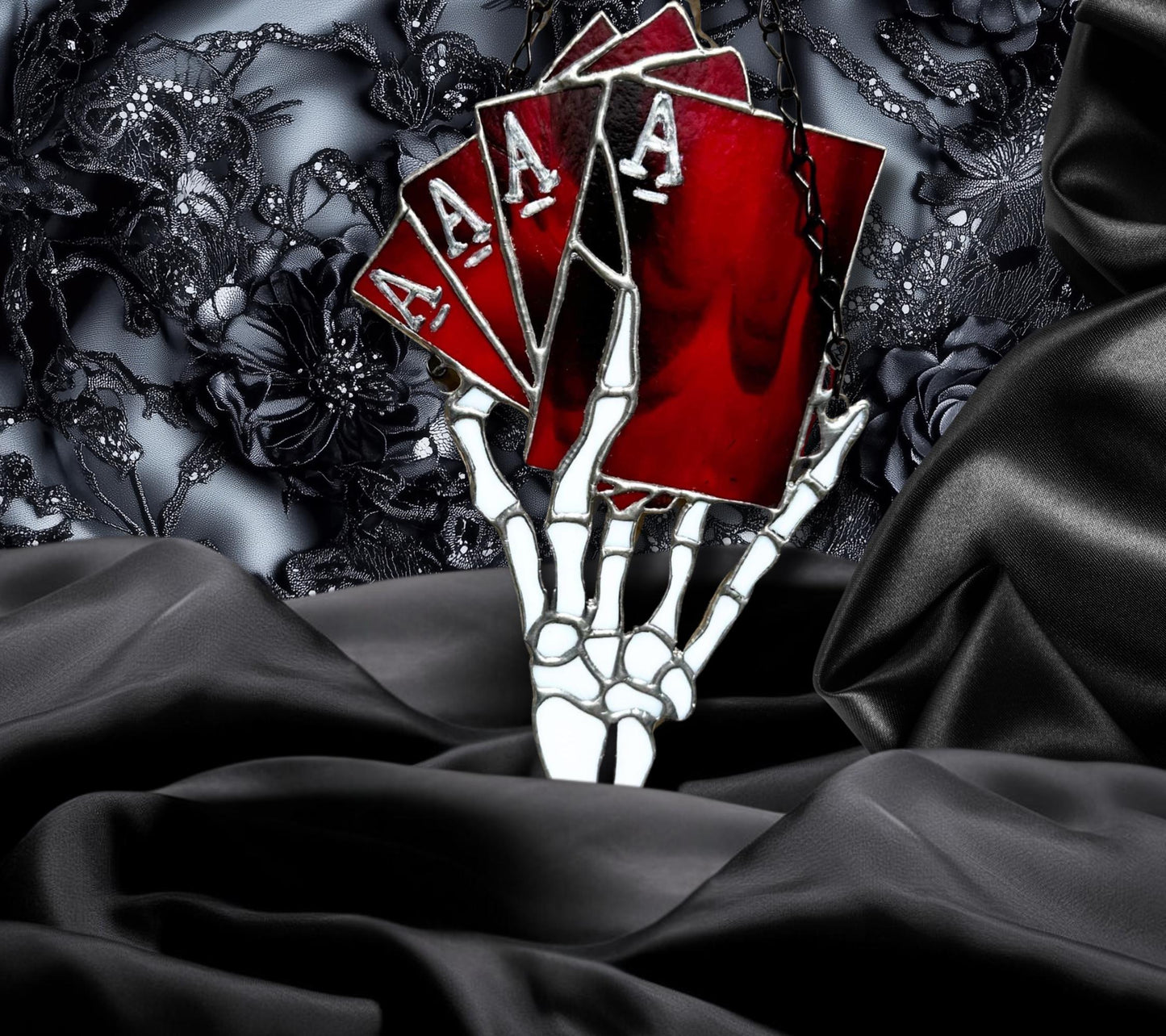 4 of a Kind Death Aces Stained Glass– Gothic Wall Hanging Statement Piece or Captivating One-of-a-Kind Window Sun Catcher