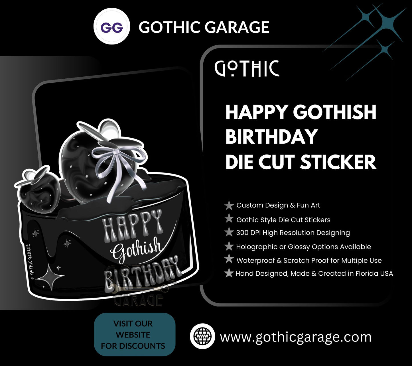 Happy Gothish Birthday, Waterproof Die Cut Sticker, Choose Between Glossy or Holographic, Perfect to Add Fun to any Surface