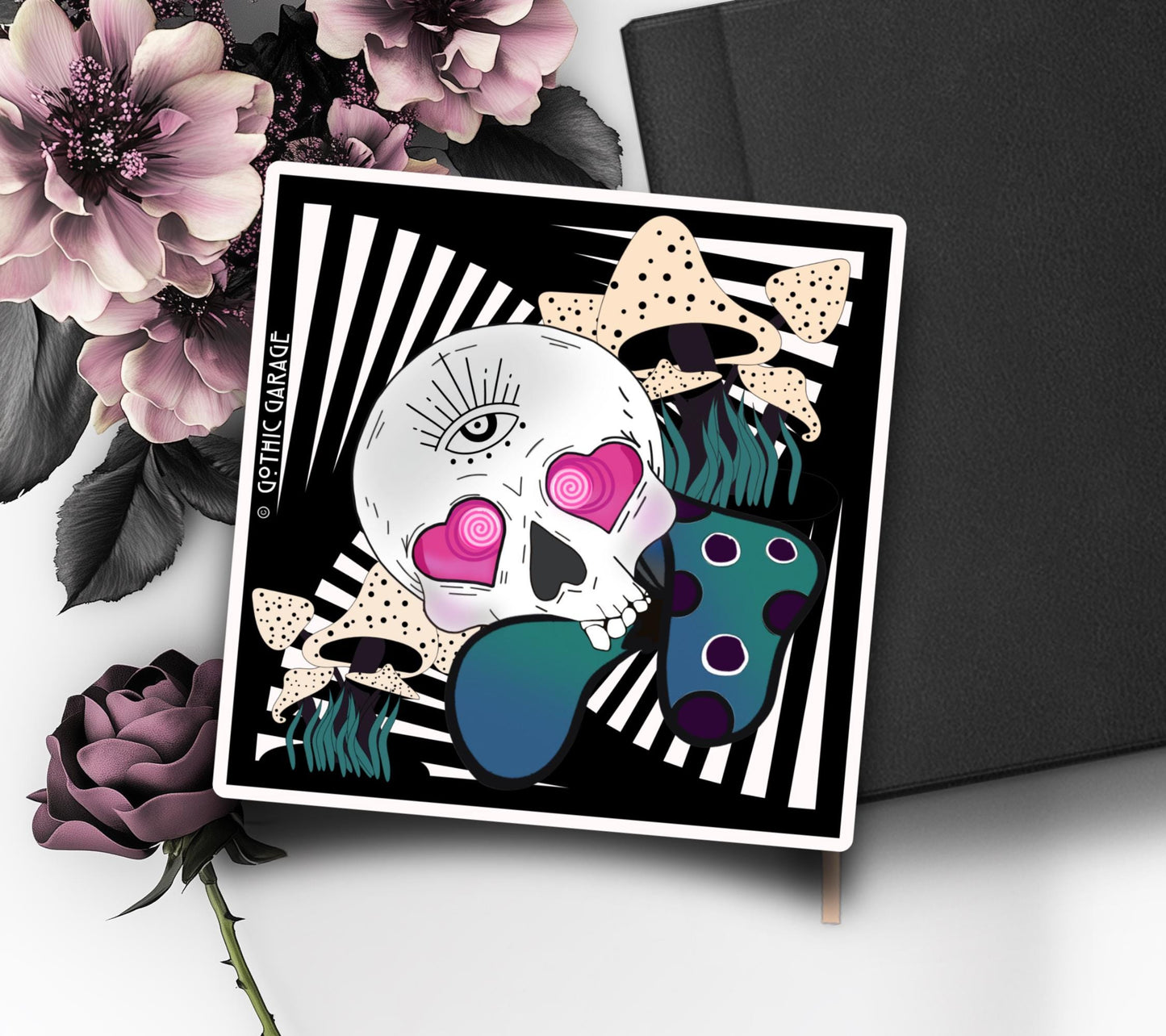 Magic Mushroom Skull, Waterproof Die Cut Sticker, Choose Between Glossy or Holographic, Perfect to Add Fun to any Surface