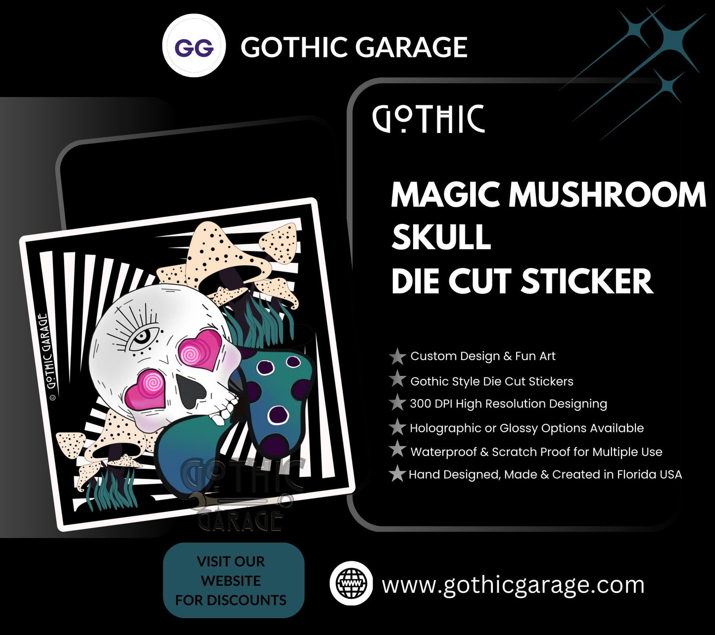 Magic Mushroom Skull, Waterproof Die Cut Sticker, Choose Between Glossy or Holographic, Perfect to Add Fun to any Surface