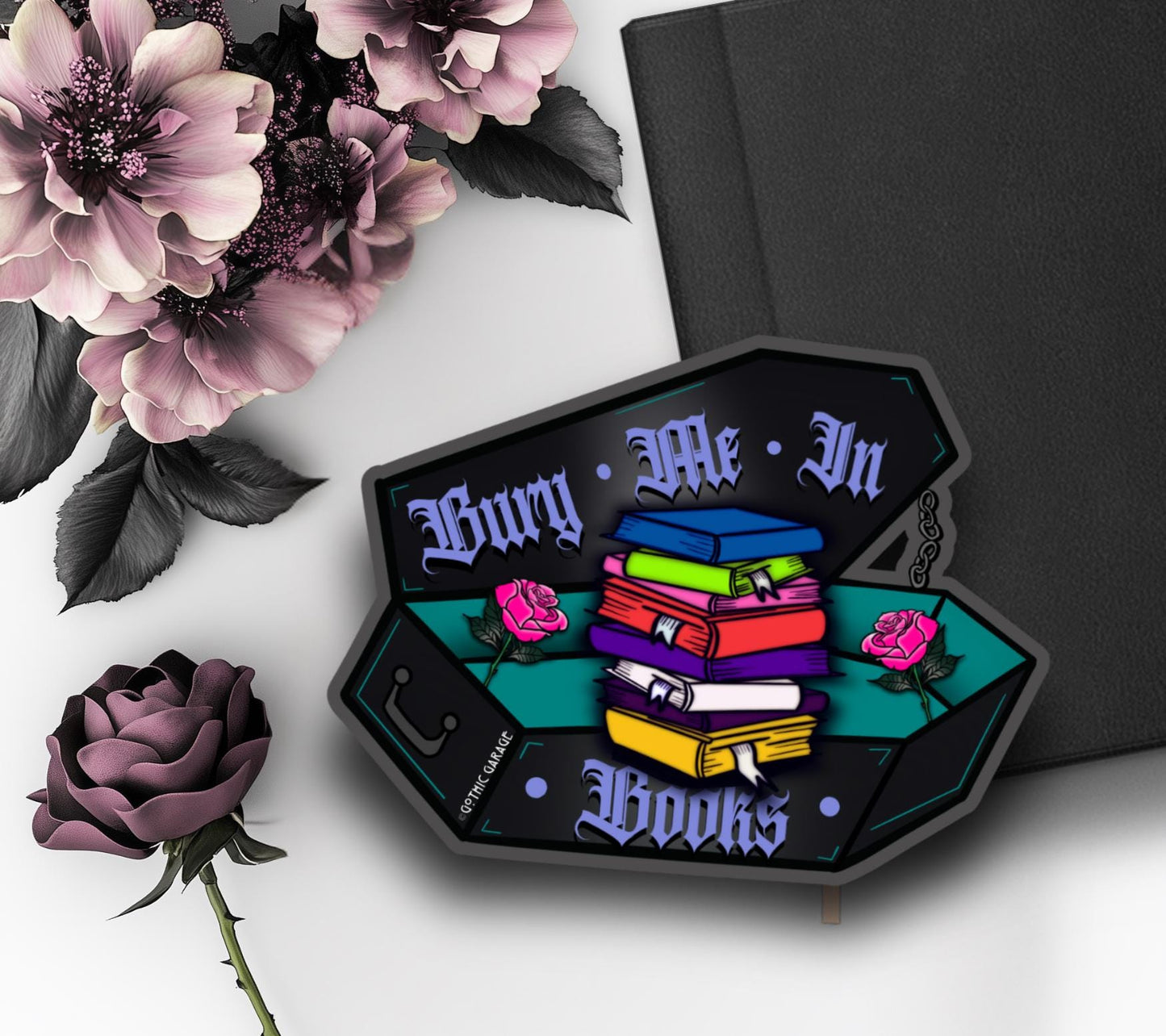 Gothic Book Nerd Coffin, Waterproof Die Cut Sticker, Choose Between Glossy or Holographic, Perfect to Add Fun to any Surface