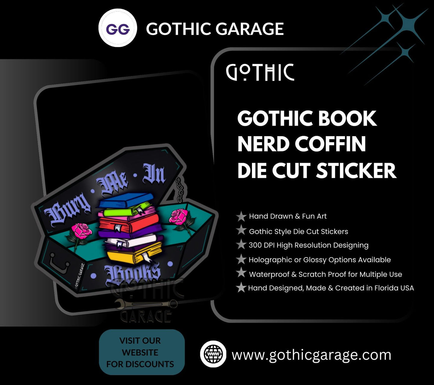 Gothic Book Nerd Coffin, Waterproof Die Cut Sticker, Choose Between Glossy or Holographic, Perfect to Add Fun to any Surface