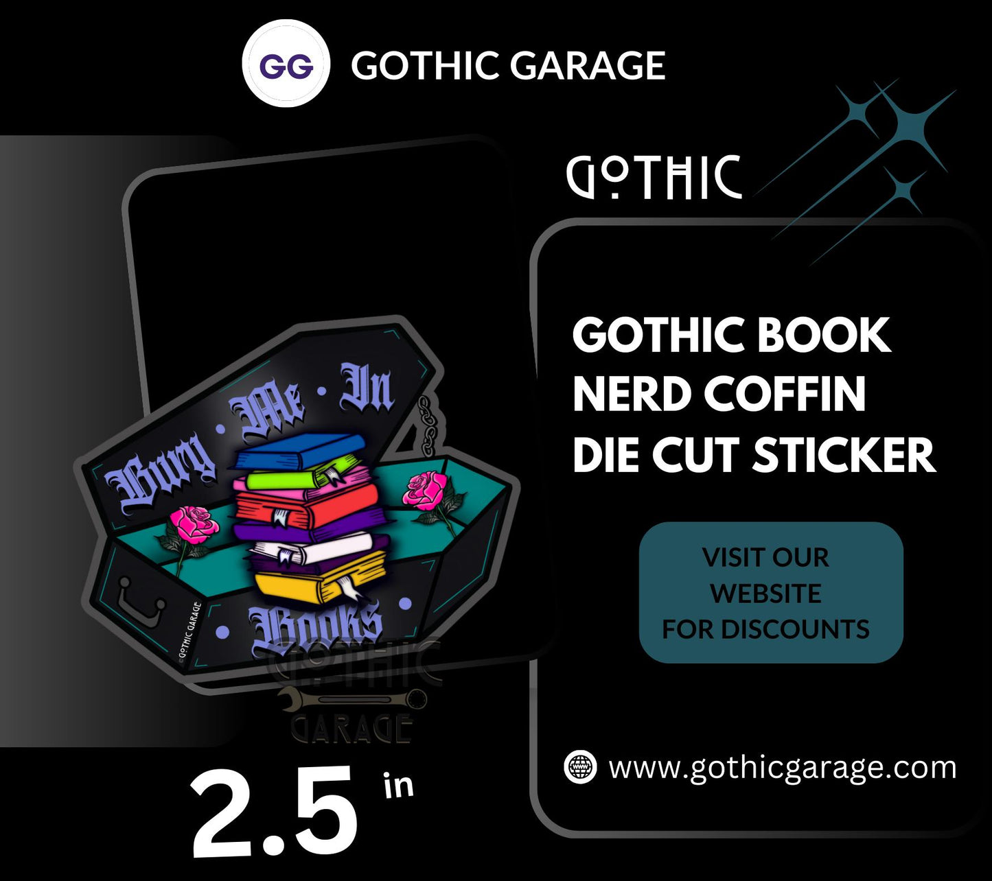 Gothic Book Nerd Coffin, Waterproof Die Cut Sticker, Choose Between Glossy or Holographic, Perfect to Add Fun to any Surface