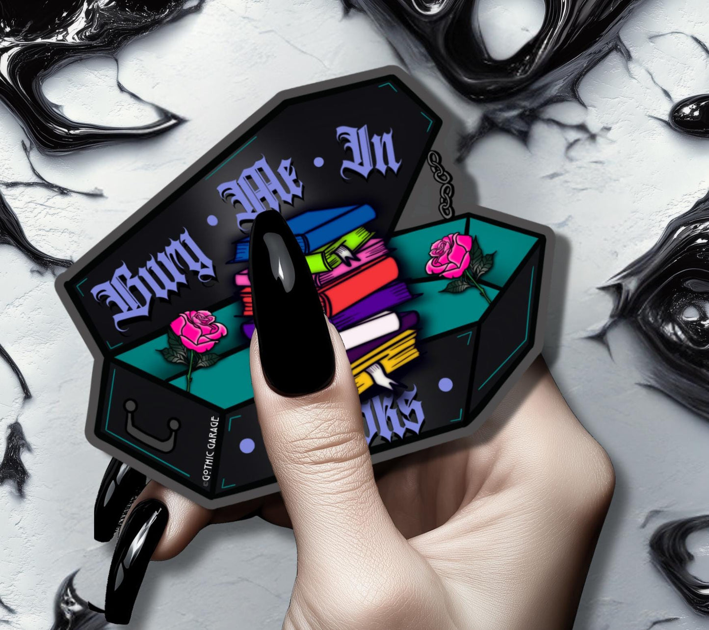 Gothic Book Nerd Coffin, Waterproof Die Cut Sticker, Choose Between Glossy or Holographic, Perfect to Add Fun to any Surface