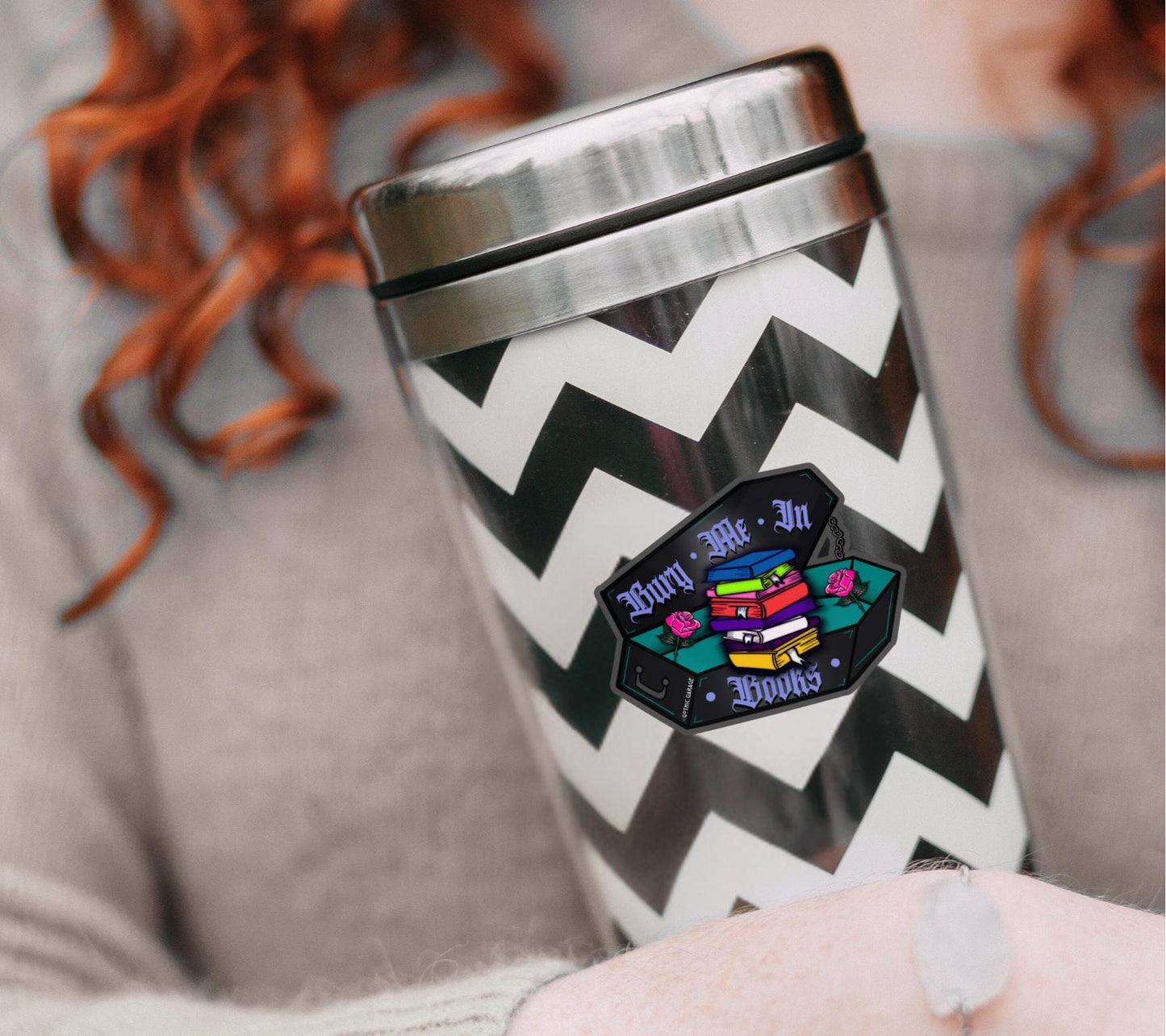 Gothic Book Nerd Coffin, Waterproof Die Cut Sticker, Choose Between Glossy or Holographic, Perfect to Add Fun to any Surface