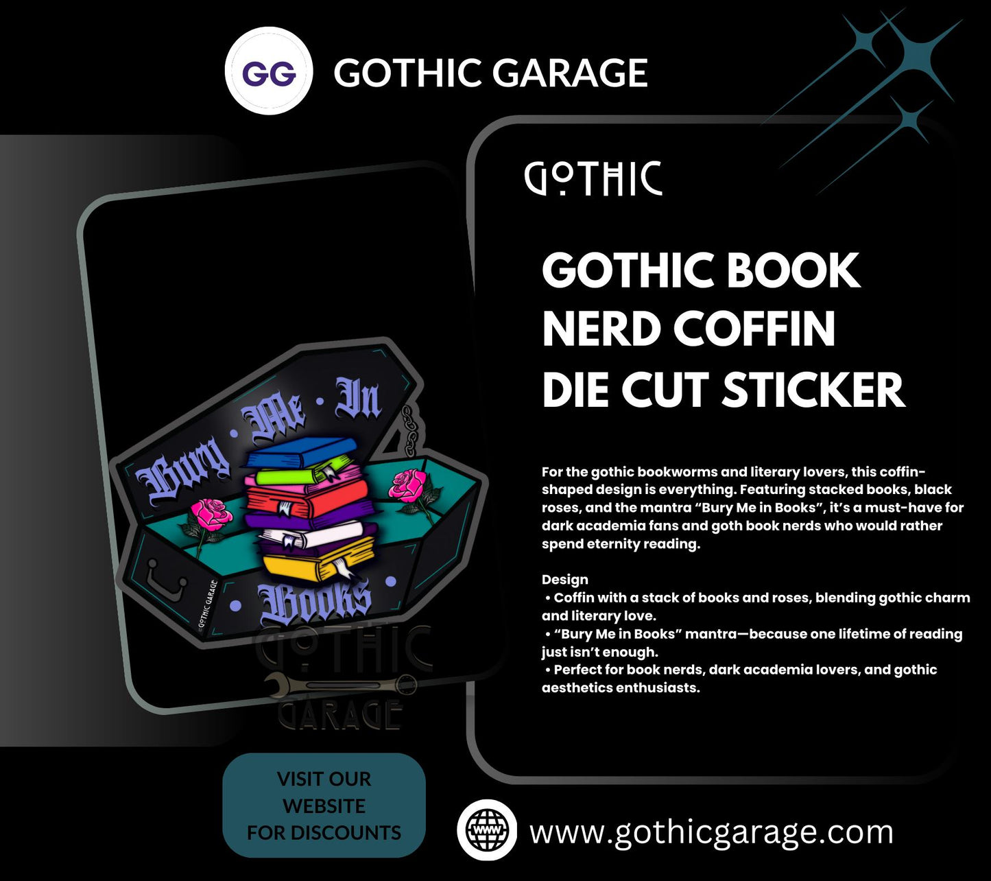 Gothic Book Nerd Coffin, Waterproof Die Cut Sticker, Choose Between Glossy or Holographic, Perfect to Add Fun to any Surface