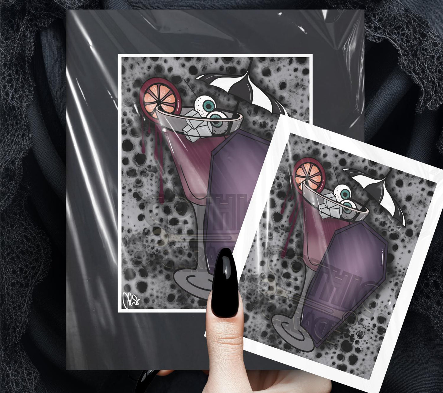 Gothic Martini Art Print - Eyeball Olives, Coffin Accent & Gothic Umbrella, 11x14 Matted, Hand-Drawn and Signed Artwork