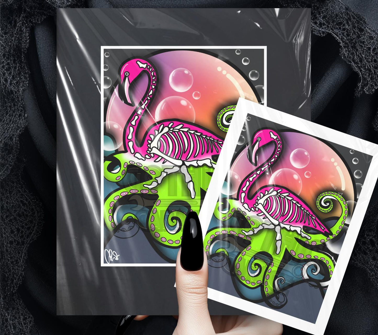 Sunset Flamingo Skeleton Octopus Art Print – Dark Gothic Ocean Vibes with a Surreal Twist, 11x14 Matted or Frameable 8x10 Design