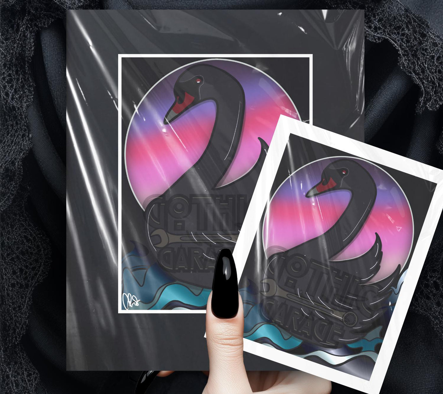 Dark Florida Pink Sunset Black Swan Art Print – 11x14 Matted, Elegant Gothic Ocean Scene, Hand-Drawn & Signed Artwork